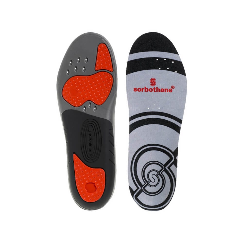 Stødabsorberende såler til pronation | S-PRO 1 Sort og orange Stødabsorberende såler til pronation | S-PRO på hvid baggrund.